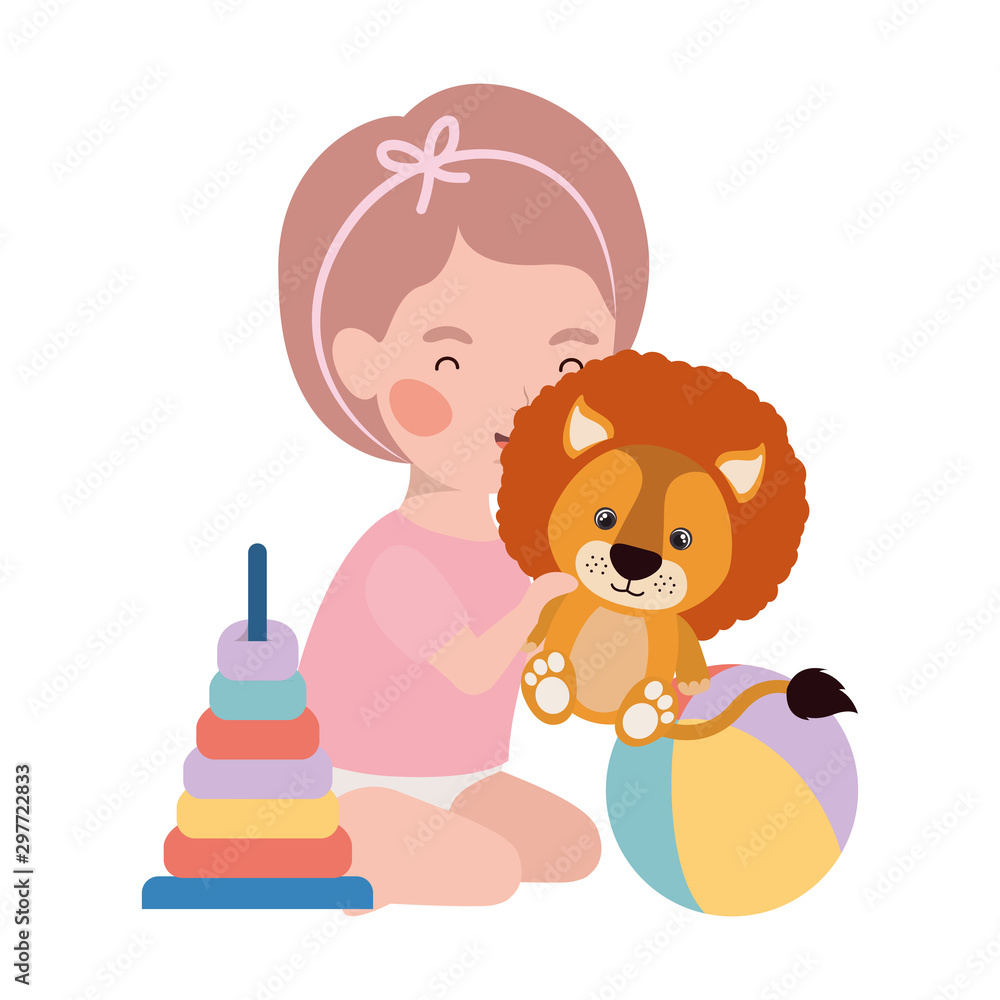 Naklejka premium cute little girl baby with lion and toys character