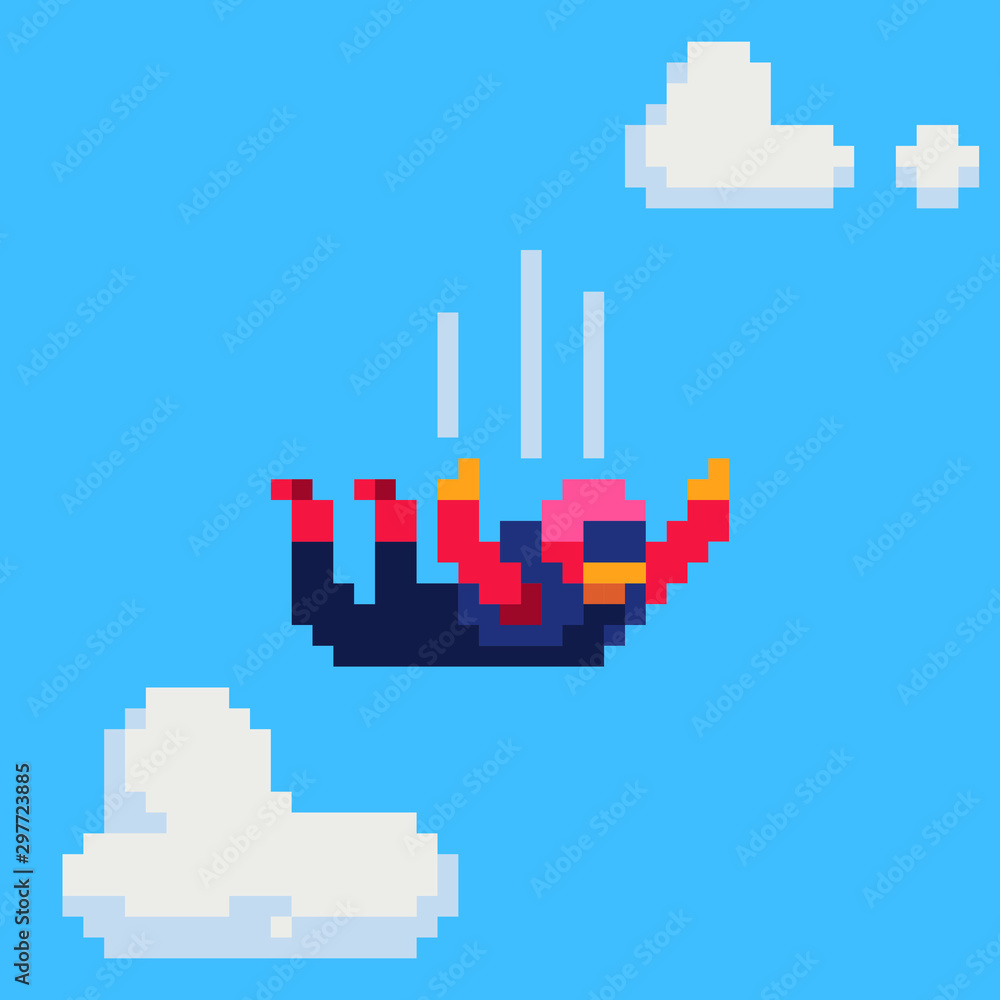 Skydiver character. Parachutist flying through clouds pixel art vector illustration. Skydiving, parachuting sport. Jumping with parachute. Design for web and mobile app.