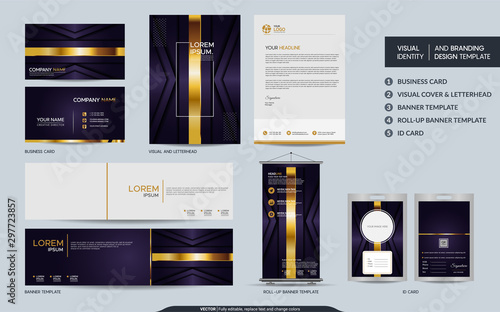 Luxury purple stationery mock up set and visual brand identity with abstract overlap layers background.