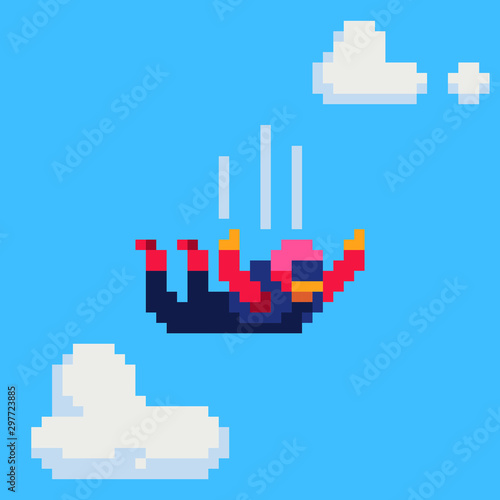 Skydiver character. Parachutist flying through clouds pixel art vector illustration. Skydiving  parachuting sport. Jumping with parachute. Design for web and mobile app.