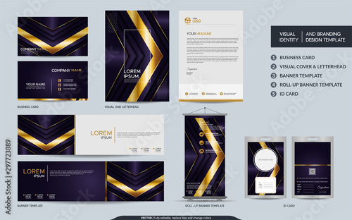 Luxury purple stationery mock up set and visual brand identity with abstract overlap layers background.