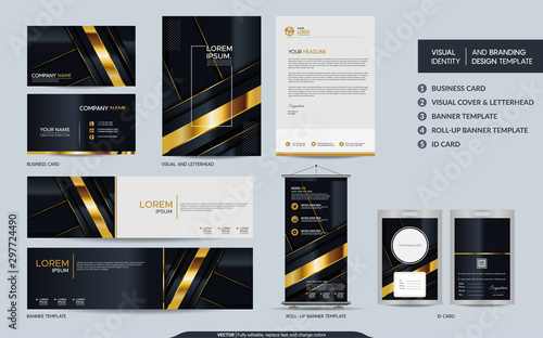Luxury black gold stationery mock up set and visual brand identity with abstract overlap layers background.