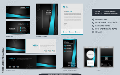 Modern blue black stationery mock up set and visual brand identity with abstract overlap layers background.