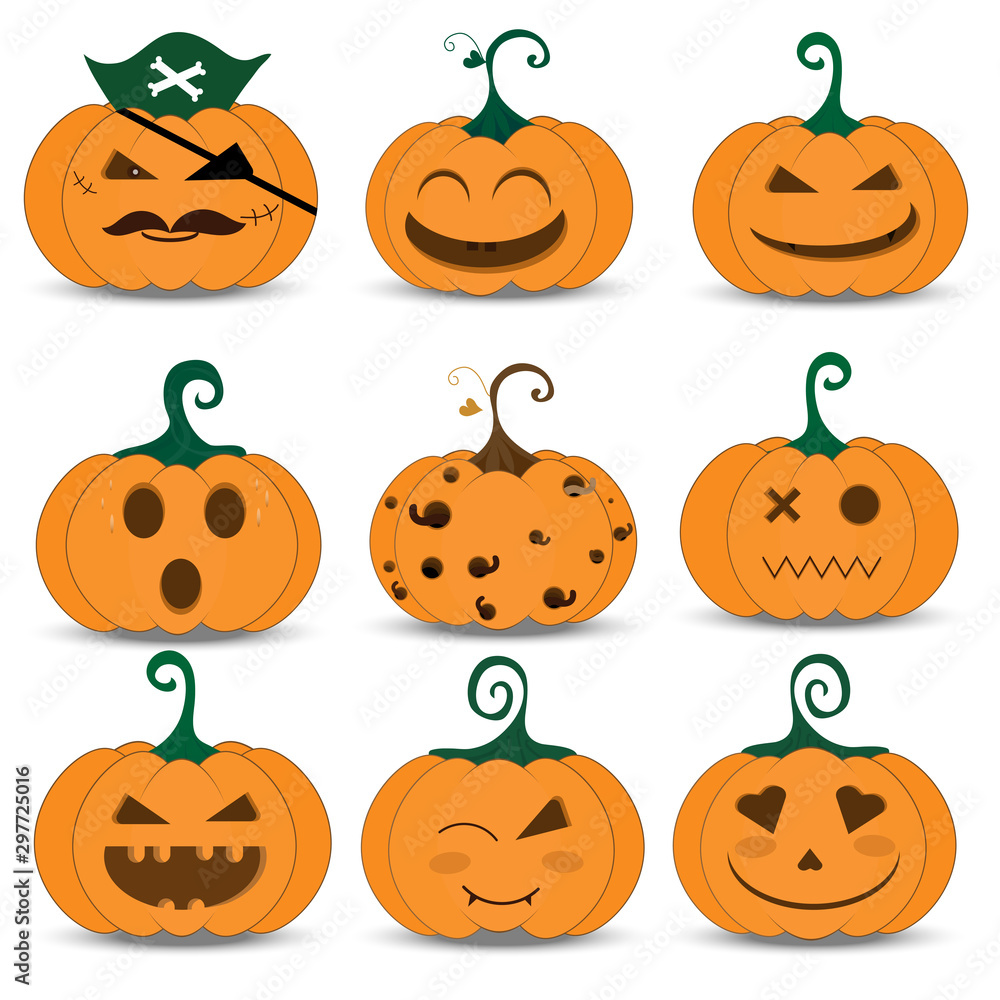 Set of pumpkins for Halloween. Happy Holidays Halloween, Cartoon pumpkin collection of face show, style, various faces on white background. Vector illustration. Set of pumpkins for Halloween. Happy Holidays Halloween, Cartoon pumpkin collection of face show, style, various faces on white background. Vector illustration.