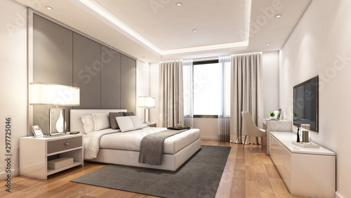 3D rendering modern bedroom suite in hotel with tv and work table
