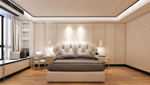 3D rendering modern bedroom suite in hotel with tv and work table