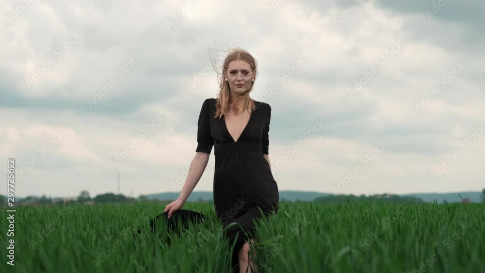 Flamboyant Girl In Black Dress Goes By The Field. Flamboyant Girl In Black Dress Goes By The Field.