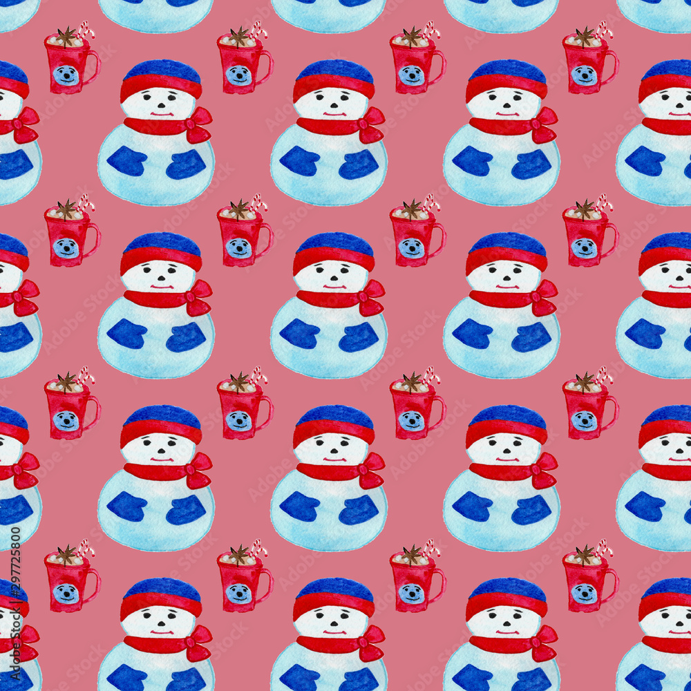 seamless pattern in Christmas theme snowman and cocoa mug