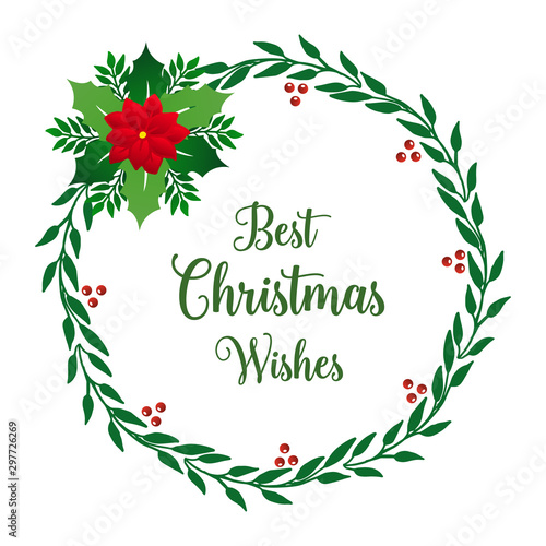 Lettering for card best christmas wishes, with ornate of red wreath frame. Vector