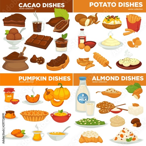 Cocoa and poyayo, pumpkin and almond dishes, food and cooking
