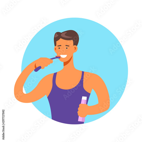 Man brushing teeth with toothbrush and toothpaste, isolated icon