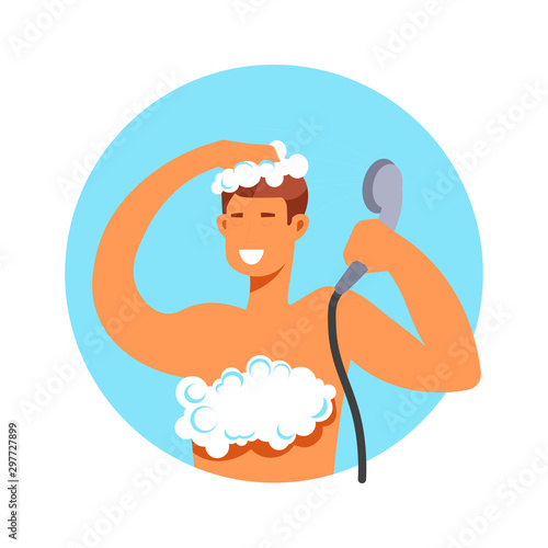 Taking shower, man in foam washing hair and body