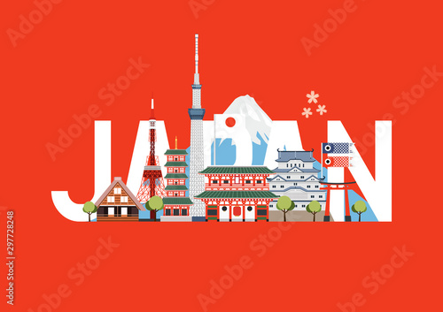 Japan travel places and landmarks. Travel postcard, tour advertising of Japan.