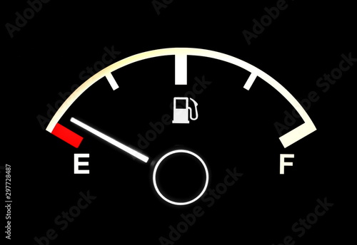 Fuel gauge showing gas tank almost empty