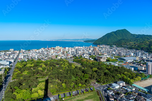 Bild auf Leinwand Cityscape view of Beppu city and Beppu bay, Oita, Kyushu, Japan