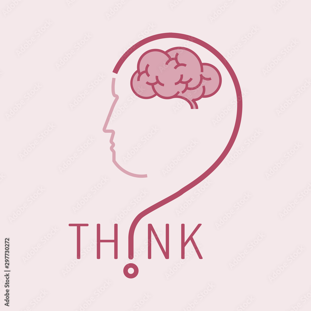 Question mark imply to human head profile with brain symbol inside as a gimmick of thought. Think typographic design. Vector illustration outline flat design style. Question mark imply to human head profile with brain symbol inside as a gimmick of thought. Think typographic design. Vector illustration outline flat design style.
