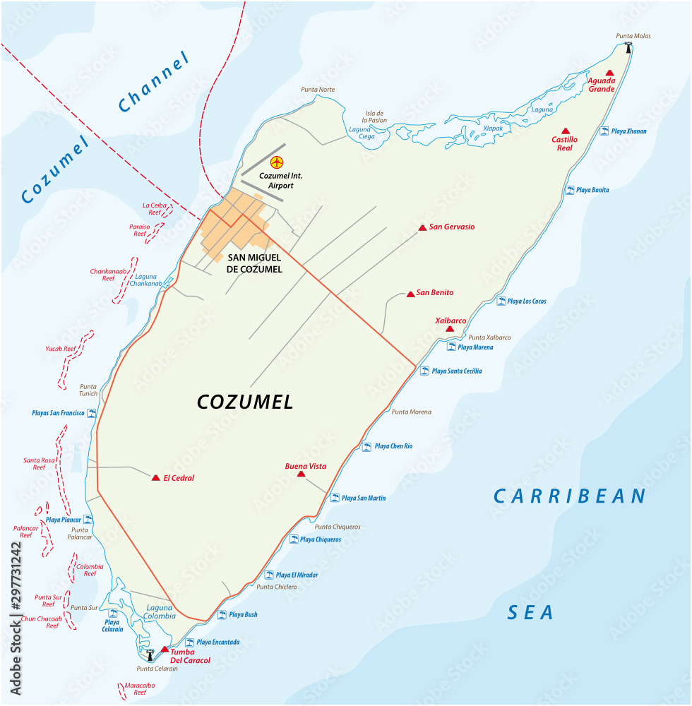Obraz premium Cozumel beach and road vector map, Mexico