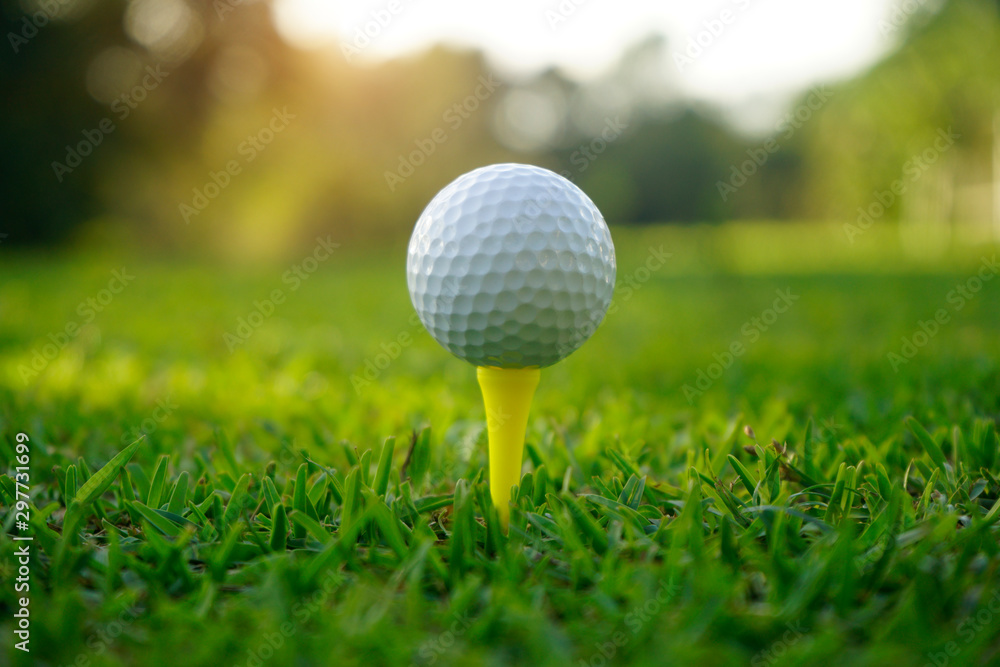 Golf ball on tee in beautiful golf course