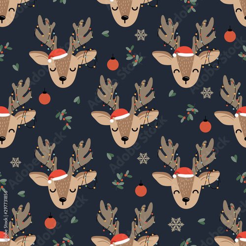 Christmas seamless pattern with reindeer background, Winter pattern with deer and decoration lights, wrapping paper, pattern fills, winter greetings, web page background, Christmas and New Year