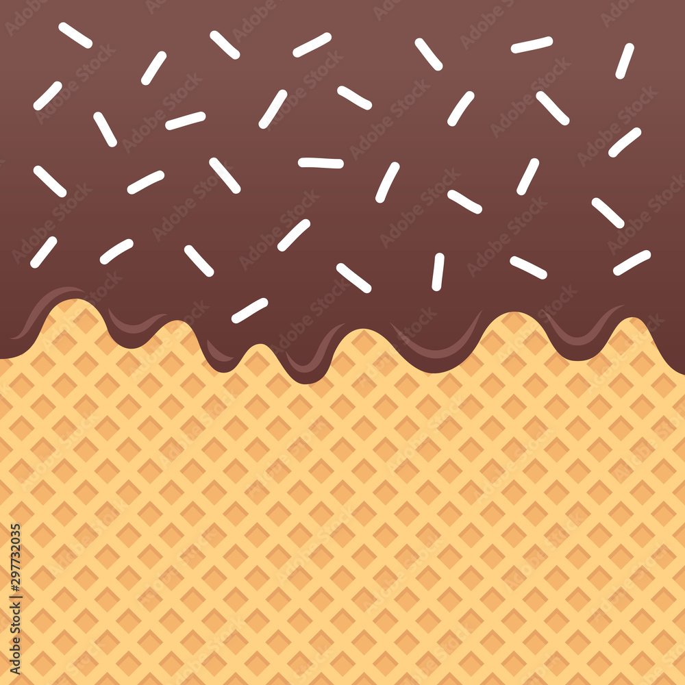 Flowing chocolate sauce on wafer vector with white sprinkles on top.