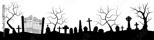 Horizontal banner with black silhouette of cemetery and trees on a white background. Nightmare landscape. Halloween vector illustration for sticker, banner, invitation, poster