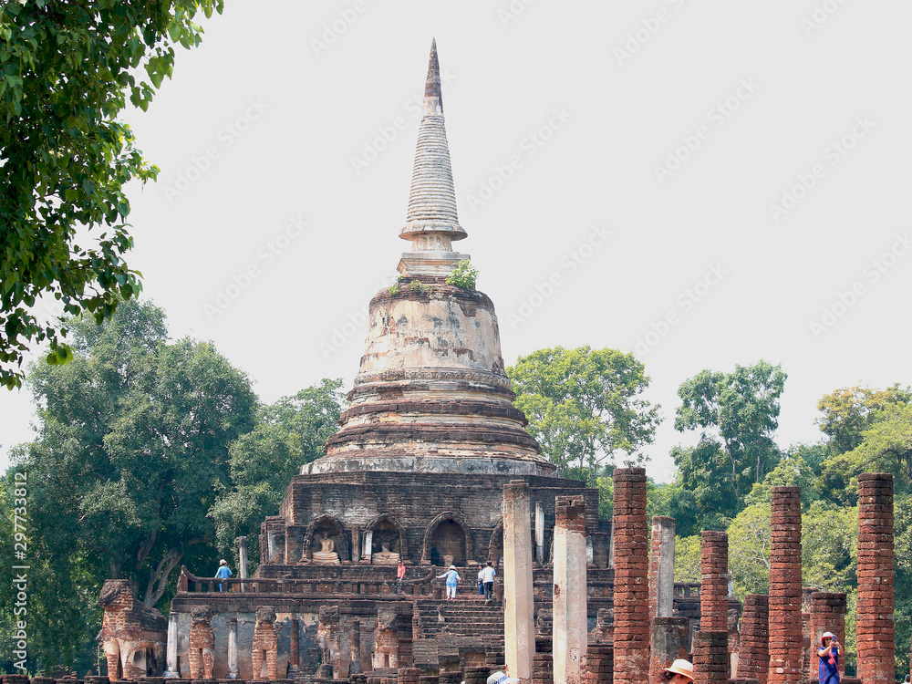 Fototapeta premium Wat Chang Lom temple, archaeological site in Si Satchanalai Historical Park, popular tourist attractions and famous landmarks, Sukhothai, Thailand. UNESCO world heritage city. On Sep 29, 2019.