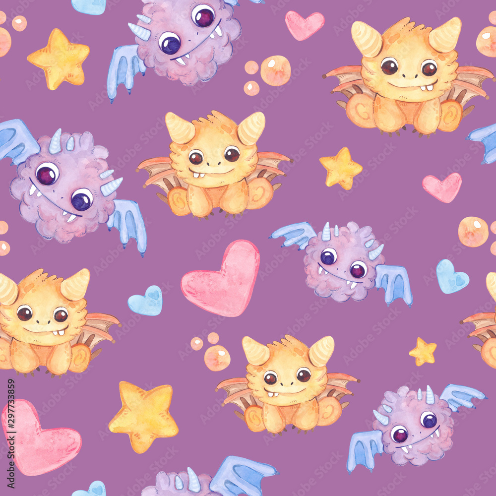 Seamless pattern with colorful, bright monsters, stars, bubbles, hearts. Watercolor kids cartoon illustration. Hand drawn character. Seamless pattern with colorful, bright monsters, stars, bubbles, hearts. Watercolor kids cartoon illustration. Hand drawn character.