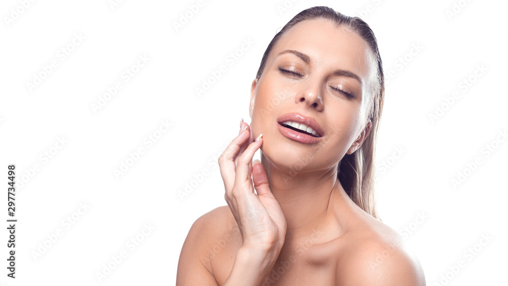 Portrait of a woman touching face. Isolated on white background Portrait of a woman touching face. Isolated on white background