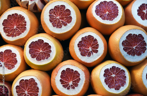Seasonal citrus fruit sliced and on display on a juice stand in Istanbul Turkey.