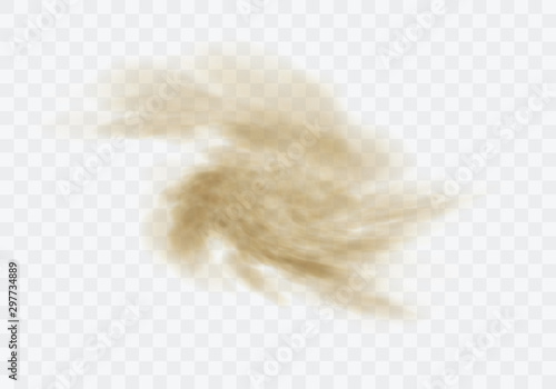 Desert sandstorm, brown dusty twisted or swirling vortex cloud banner or dry sand flying with gust of wind, brown smoke realistic texture vector illustration isolated on transparent background