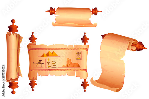 Ancient Egypt papyrus scroll cartoon vector set