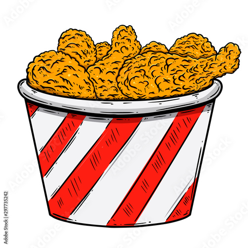 Illustration of bucket of fried chicken. Design element for poster, card, banner, sign, flyer.Vector illustration