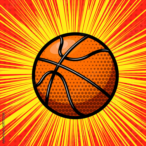 Basketball ball on comic style background. Design element for poster, card, banner. Vector illustration