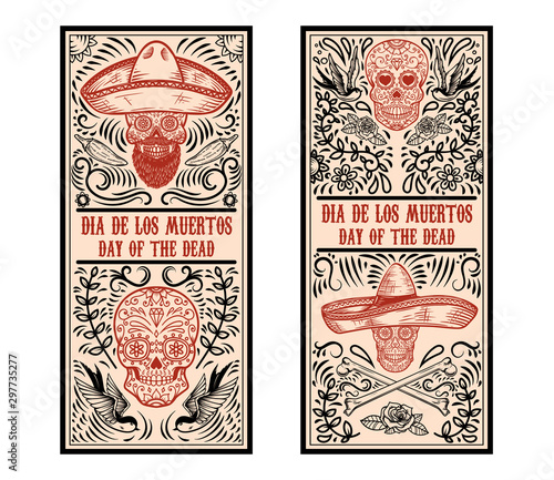 Set of Day of the dead (Dia de los muertos) flyer templates. Design element for poster, card, banner. Vector illustration