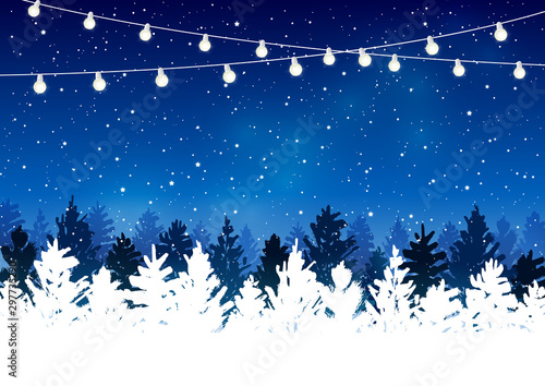 Christmas trees with light bulbs on starry sky background - vector greeting card for winter holiday design