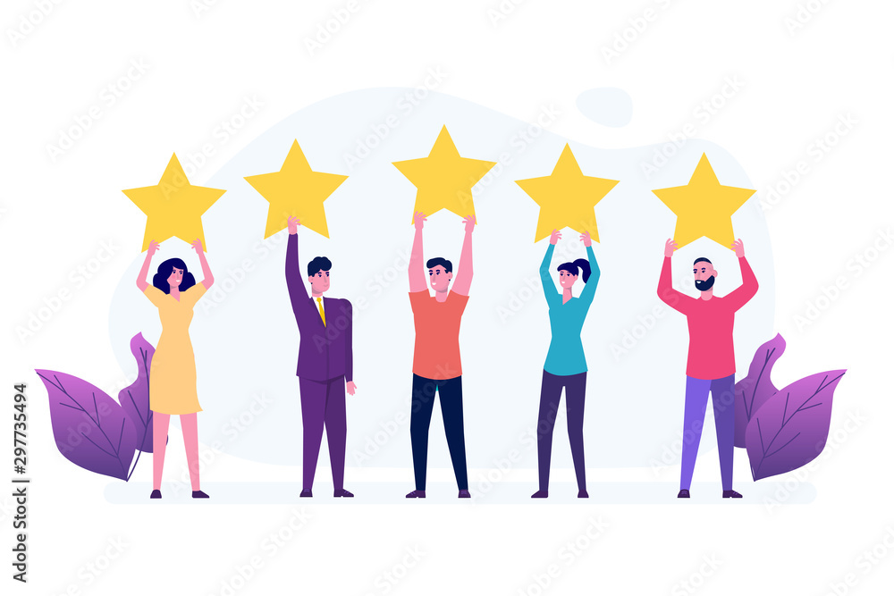 People holding gold rating star. Positive star feedback, Quality assurance survey, Customer review, Quality rating concept. Vector illustration. People holding gold rating star. Positive star feedback, Quality assurance survey, Customer review, Quality rating concept. Vector illustration.