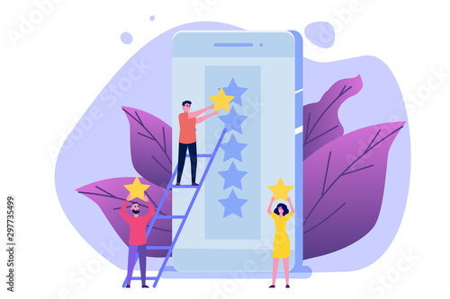 People give gold rating star to the smartphone app.Positive star feedback, Quality assurance survey, Customer review, Quality rating concept. Vector illustration.