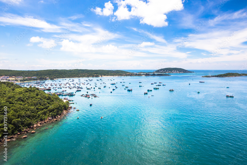 Aerial view of Phu Quoc islands with blue sky and clear water in Southern Vietnam Indochina