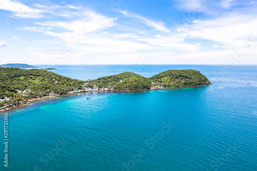 Aerial view of Phu Quoc islands with blue sky and clear water in Southern Vietnam Indochina