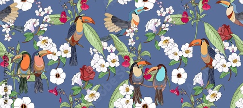 Toucans in a thicket of flowers. Tropical pattern for textiles.