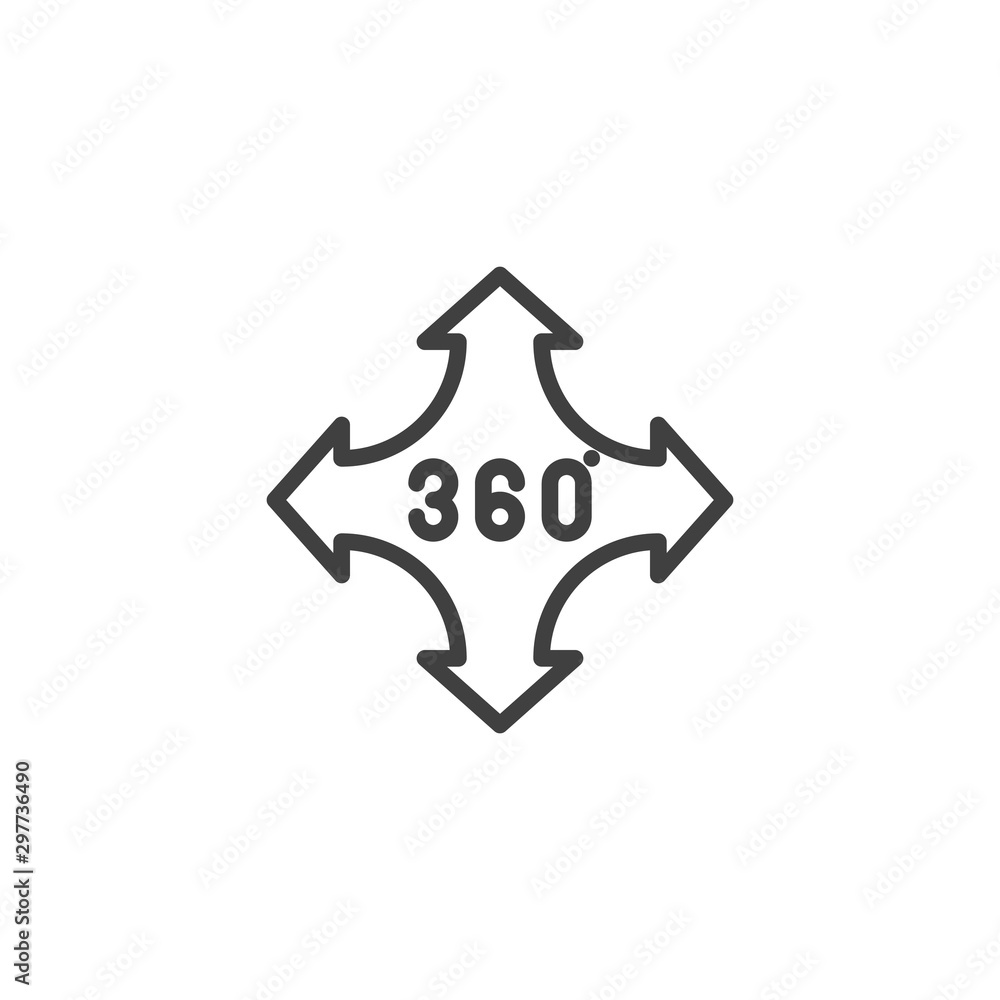 360 degrees control arrow line icon. Panoramic view linear style sign for mobile concept and web design. 360 rotation sign outline vector icon. VR technology symbol, logo illustration. Vector graphics 360 degrees control arrow line icon. Panoramic view linear style sign for mobile concept and web design. 360 rotation sign outline vector icon. VR technology symbol, logo illustration. Vector graphics