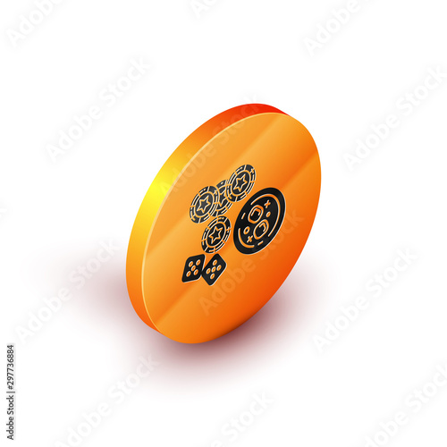 Isometric Casino chips, game dice and glass of whiskey with ice cubes icon isolated on white background. Casino poker. Orange circle button. Vector Illustration