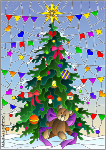 Illustration in stained glass style with a Christmas tree and a toy bear on a blue background with colorful flags