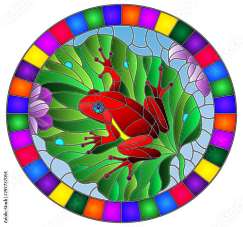 Illustration in stained glass style with abstract red frog on Lotus leaf on water and flowers, oval image in bright frame