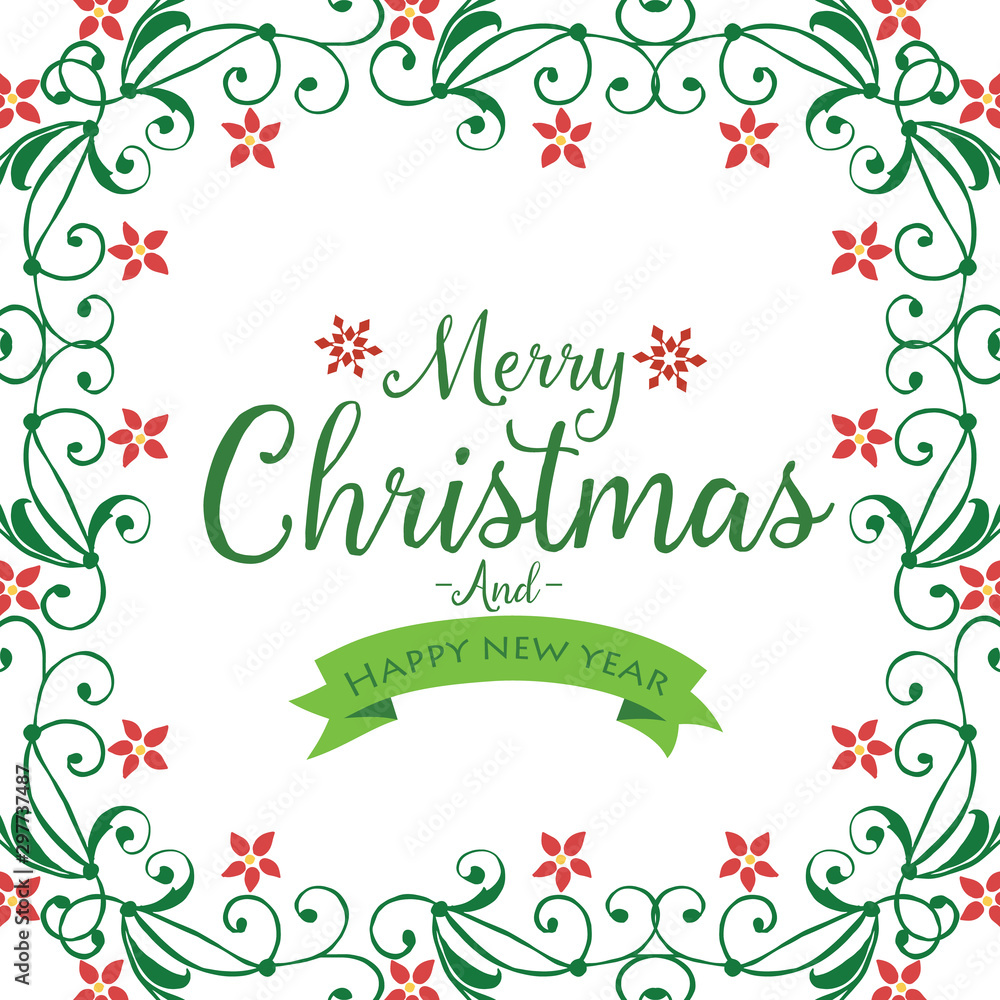 Creative card merry christmas and happy new year, with green leaf flower frame plant. Vector