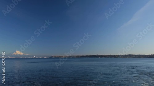 Slow Pan right to left of Tacoma. Commencement Bay, Mt Rainer and the south side of Vashon Island, Washington State, sunny skies, fall colors photo