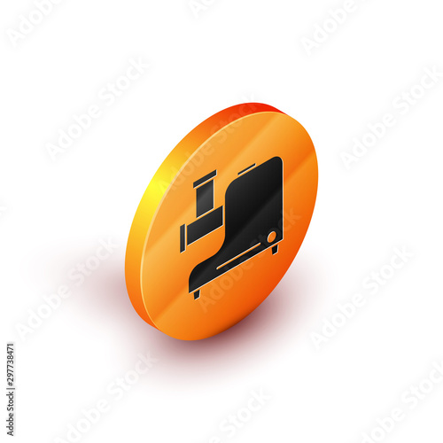 Isometric Kitchen meat grinder icon isolated on white background. Orange circle button. Vector Illustration