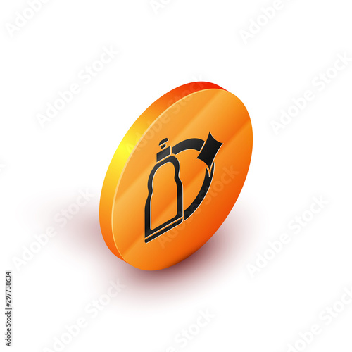 Isometric Plastic bottle for liquid laundry detergent, bleach, dishwashing liquid or another cleaning agent icon isolated on white background. Orange circle button. Vector Illustration