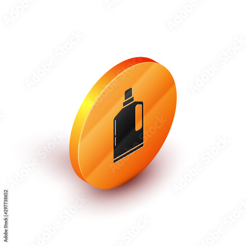 Isometric Plastic bottle for liquid laundry detergent, bleach, dishwashing liquid or another cleaning agent icon isolated on white background. Orange circle button. Vector Illustration
