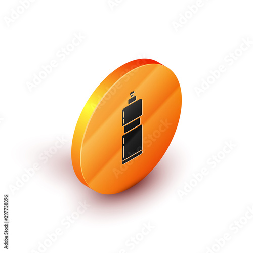 Isometric Plastic bottle for liquid laundry detergent, bleach, dishwashing liquid or another cleaning agent icon isolated on white background. Orange circle button. Vector Illustration